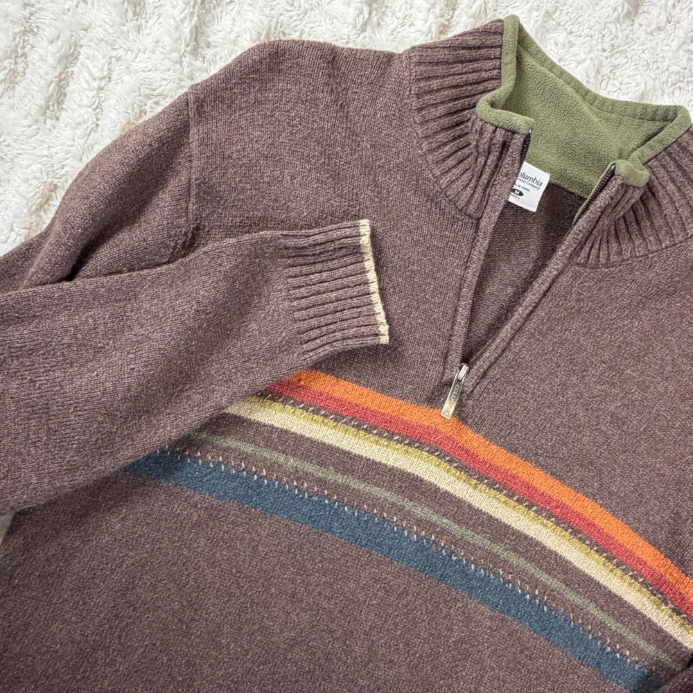 Columbia Mens Quarter Zip Sweater Brown Stripe Wool Blend AM2547 Medium